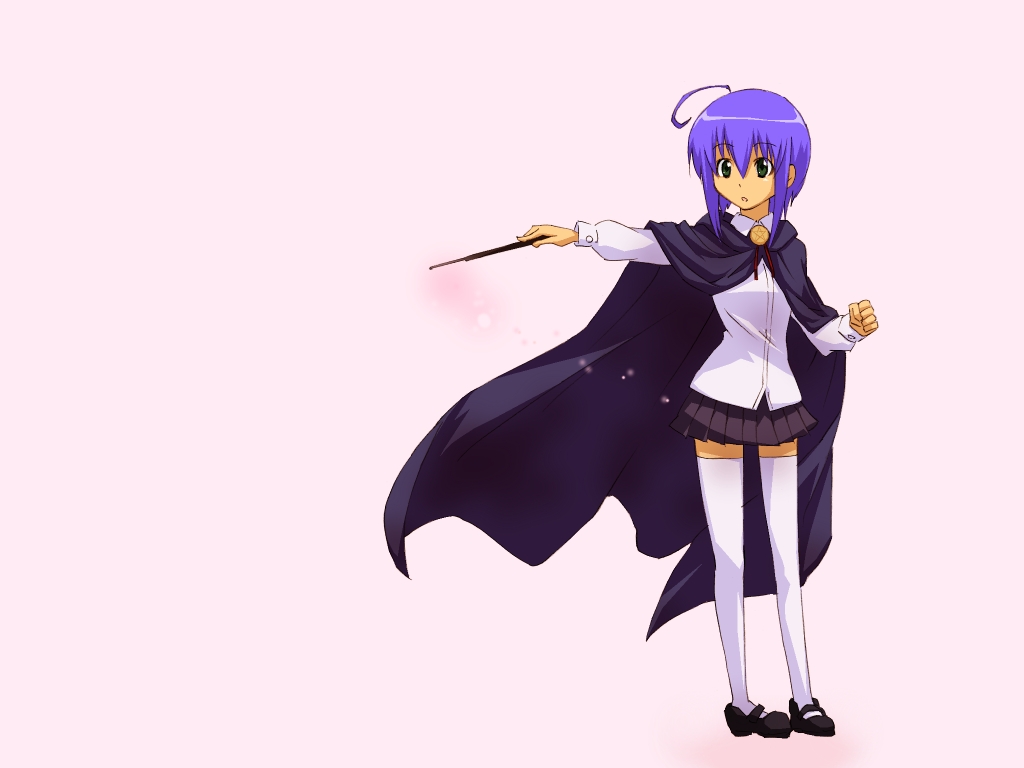 haruka shiya, miyazaki nodoka, tabitha (zero no tsukaima), mahou sensei negima!, zero no tsukaima, 1girl, ahoge, cape, cosplay, female focus, look-alike, pentacle, purple eyes, purple hair, solo, tabitha (cosplay), thighhighs, wand, white thighhighs