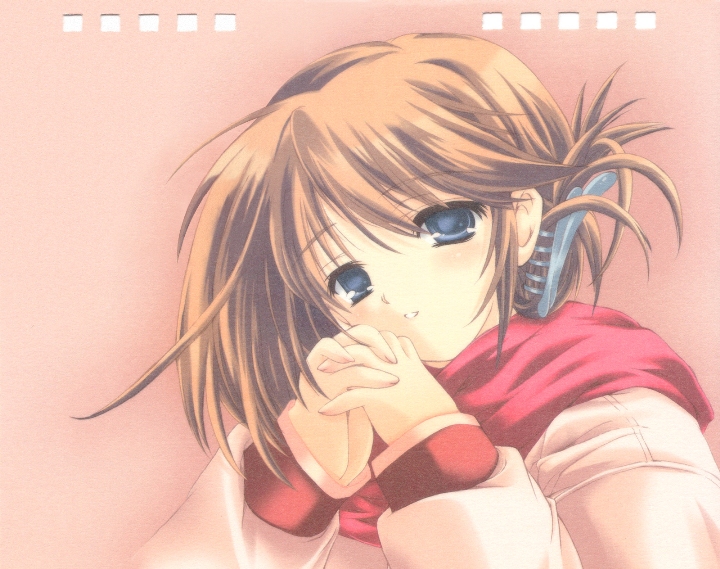 komaki manaka, to heart (series), to heart 2, 00s, 1girl, blue eyes, brown hair, female focus, folded ponytail, jacket, scarf, solo