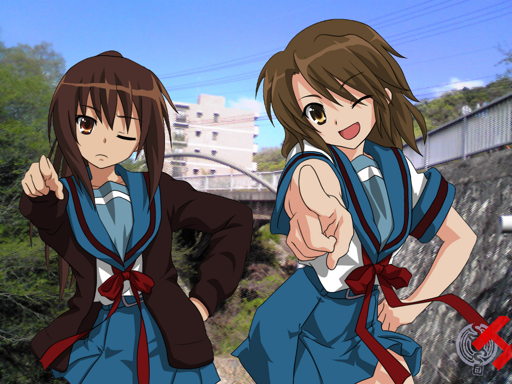 koizumi itsuki, koizumi itsuki (female), kyonko, suzumiya haruhi no yuuutsu, third-party edit, 00s, 2girls, cardigan, genderswap, genderswap (mtf), multiple girls, multiple seasonal school uniforms, one eye closed, ponytail, school uniform, serafuku, wink