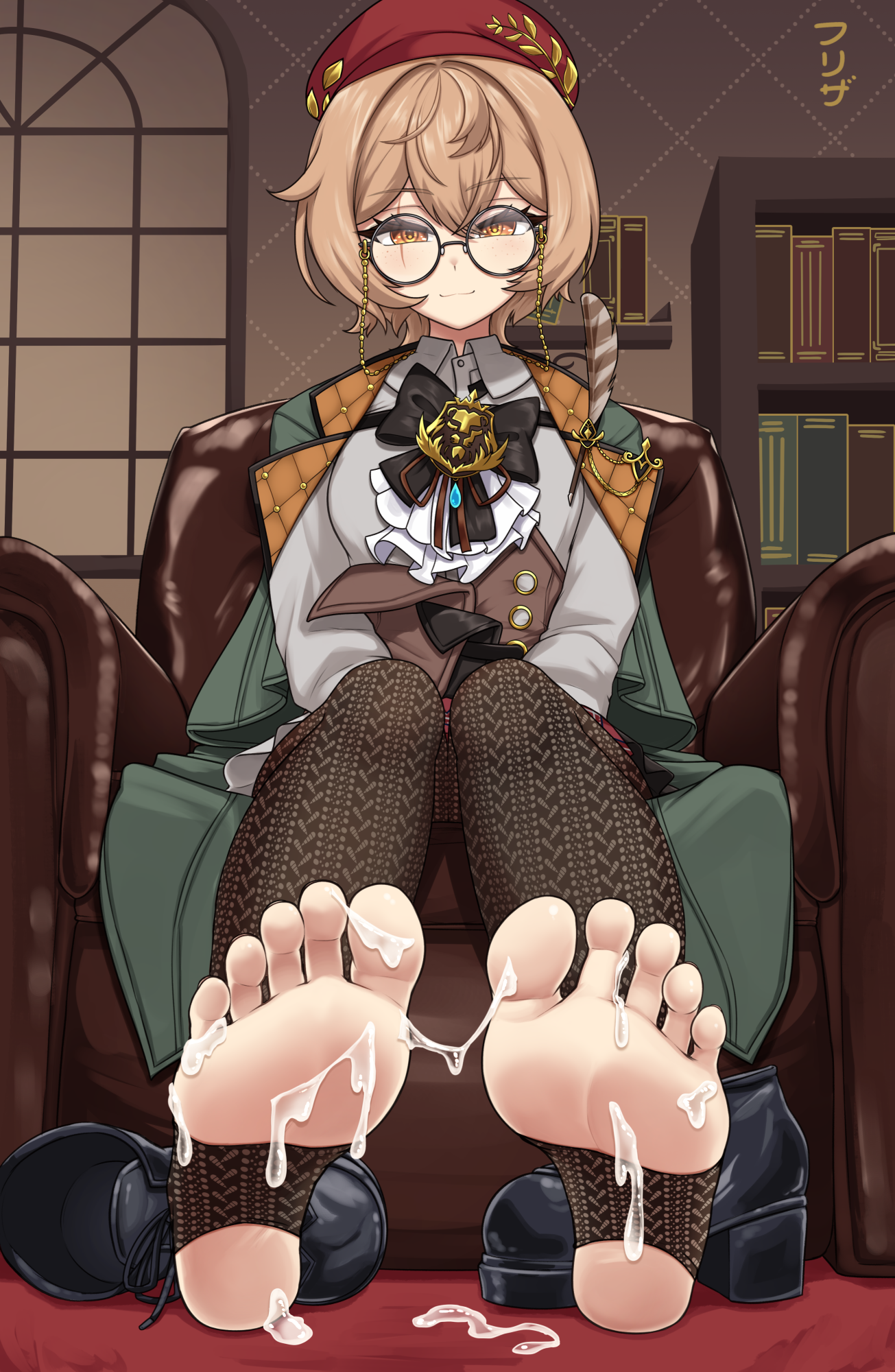 efreezerarts, clio aite, phase connect, commentary, commission, english commentary, highres, large variant set, variant set, 1girl, bare legs, black-framed eyewear, black shoes, brown eyes, brown hair, closed mouth, couch, cum, cum on body, cum on feet, cum on legwear, feet, foot focus, glasses, hair between eyes, hat, jacket, long sleeves, looking at viewer, red hat, ribbon, round eyewear, scar, scar across eye, scar on face, shirt, shoes, short hair, sitting, skirt, smile, soles, solo, stirrup legwear, toeless legwear, toes, virtual youtuber, white shirt, yellow eyes