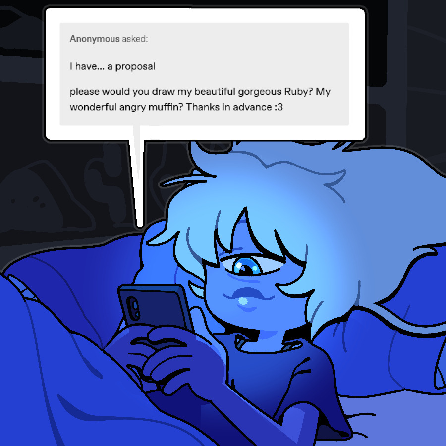 discount-supervillain, sapphire (steven universe), steven universe, tumblr, alternate costume, bags under eyes, blue eyes, blue shirt, blue skin, bra strap, casual, cellphone, colored skin, cyclops, deformed, english text, holding, holding phone, implied yuri, lips, long hair, one-eyed, phone, pillow, shirt, short sleeves, smartphone, smile, thick lips