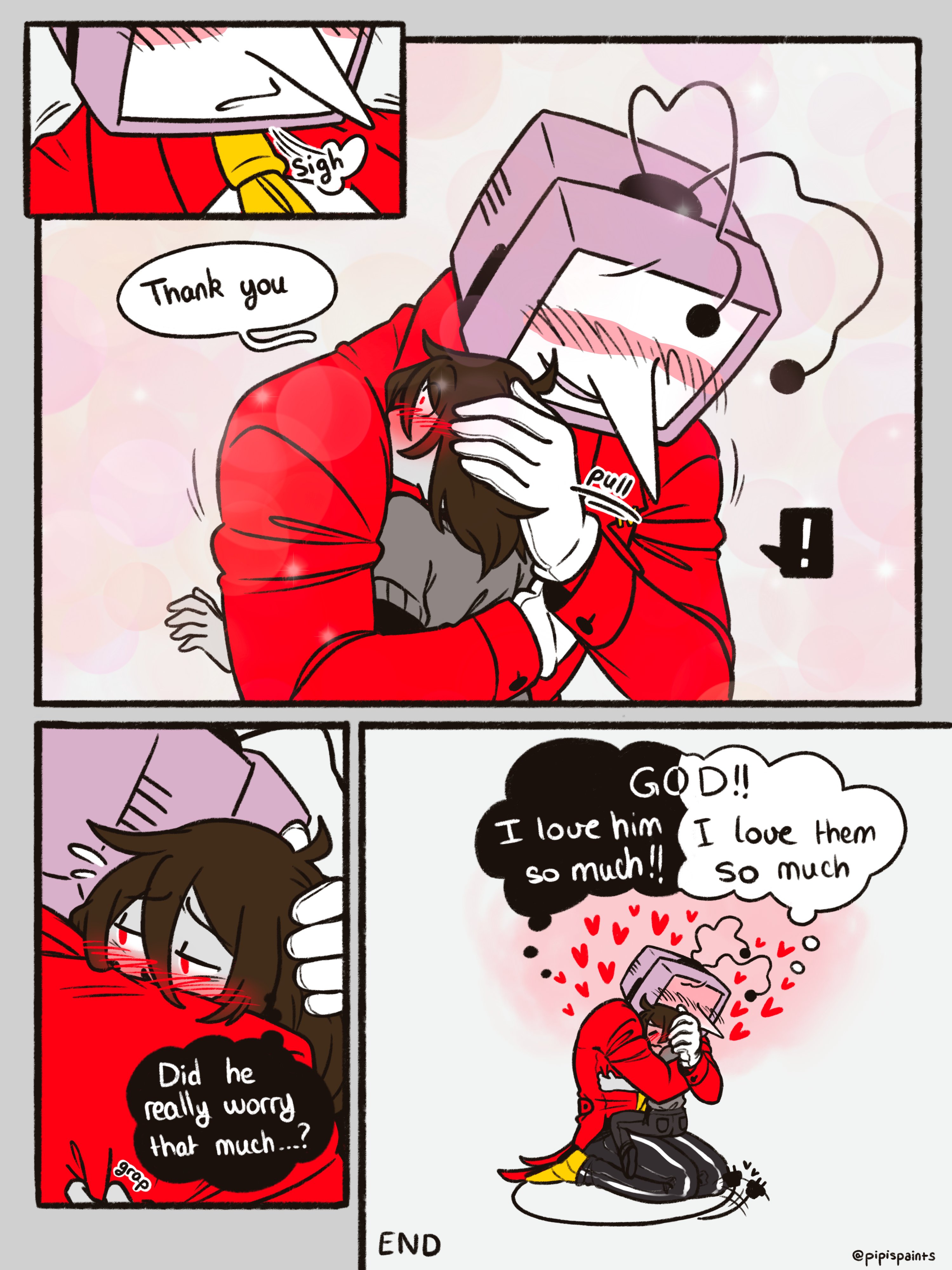 ant tenna, vessel (deltarune), deltarune, utdr (toby fox), absurdres, commentary, english commentary, highres, 1boy, 1other, black pants, blush, brown hair, collared shirt, crt, english text, flying sweatdrops, gloves, hand on another's head, hug, long nose, medium hair, necktie, object head, pants, pipispaints, pointy nose, radio antenna, red eyes, shirt, shirt tucked in, shoes, speech bubble, tail, tail wagging, tailcoat, twitter username, white gloves, white shirt, yellow necktie, yellow shoes