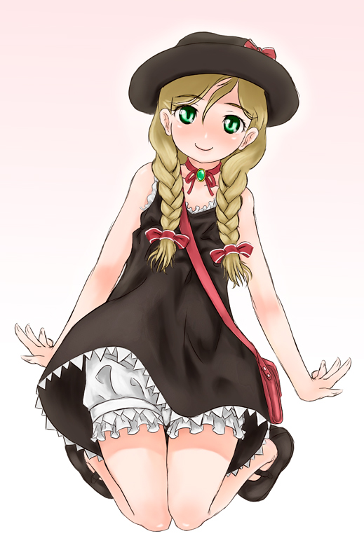 scharfschutze, august (coyote ragtime show), coyote ragtime show, 00s, android, bag, blonde hair, bloomers, blush, braid, choker, dress, frills, green eyes, handbag, hat, kneeling, long hair, smile, solo, twin braids, underwear, white bloomers