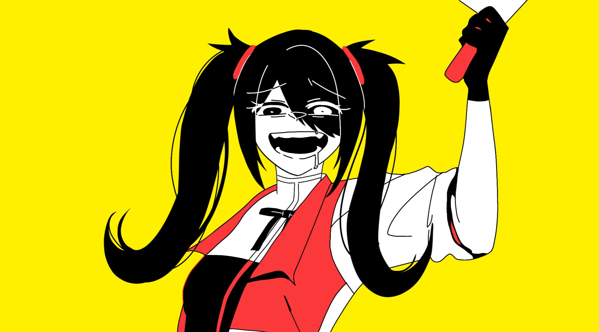 ame-chan (needy girl overdose), needy girl overdose, commentary request, highres, textless version, 1girl, black gloves, black hair, color contrast, constricted pupils, crazy grin, gloves, hair over one eye, holding, holding knife, imminent attack, knife, limited palette, looking at viewer, neck ribbon, null reika, revealing layer, ribbon, saliva, shirt, short twintails, sidelocks, simple background, solo, twintails, white shirt, yellow background