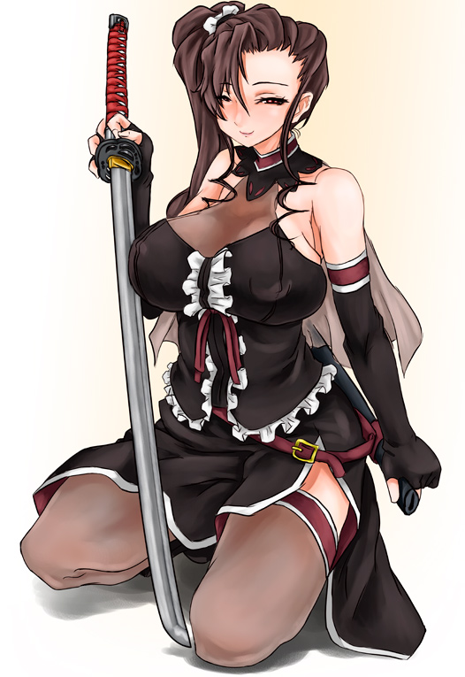 scharfschutze, july (coyote ragtime show), coyote ragtime show, 00s, 1girl, android, bare shoulders, breasts, brown hair, elbow gloves, female focus, gloves, huge breasts, katana, long hair, red eyes, sheath, side ponytail, simple background, smile, solo, sword, thighhighs, weapon