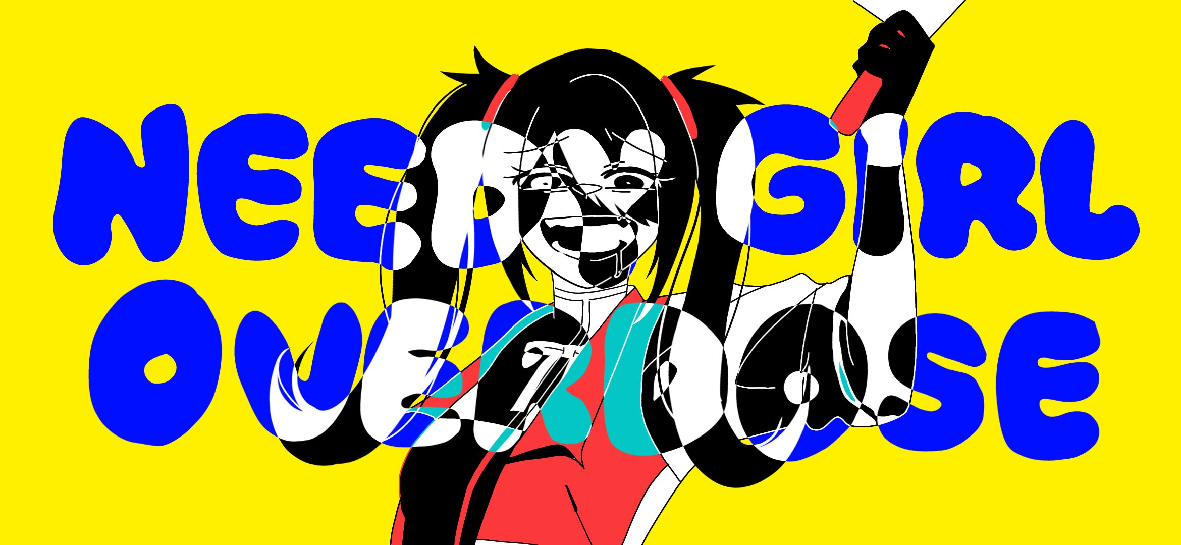 ame-chan (needy girl overdose), needy girl overdose, commentary request, highres, variant set, 1girl, black gloves, black hair, color contrast, constricted pupils, copyright name, crazy grin, gloves, hair over one eye, holding, holding knife, imminent attack, inverted colors, knife, limited palette, looking at viewer, neck ribbon, null reika, revealing layer, ribbon, saliva, shirt, short twintails, sidelocks, simple background, solo, twintails, white shirt, yellow background