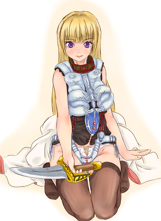 scharfschutze, armor, blonde hair, kneeling, knife, long hair, panties, purple eyes, solo, thighhighs, underwear