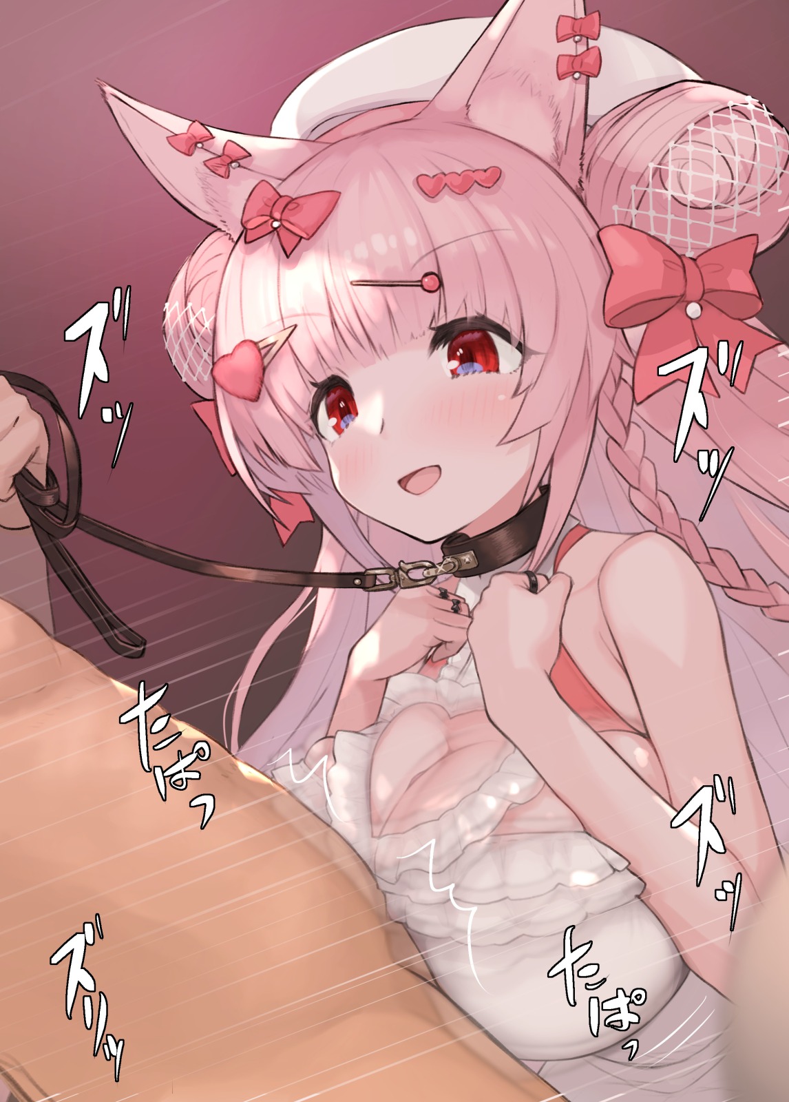 mikasayaki, manpuku torte, indie virtual youtuber, highres, 1boy, 1girl, animal ears, bare shoulders, breasts, cat ears, cleavage, cleavage cutout, clothed female nude male, clothing cutout, collar, dress, hair ornament, hair ribbon, heart, heart cutout, heart hair ornament, hetero, large breasts, leash, leash pull, long hair, nude, paizuri, paizuri under clothes, pale skin, pink hair, red eyes, ribbon, shortstack, virtual youtuber, white dress