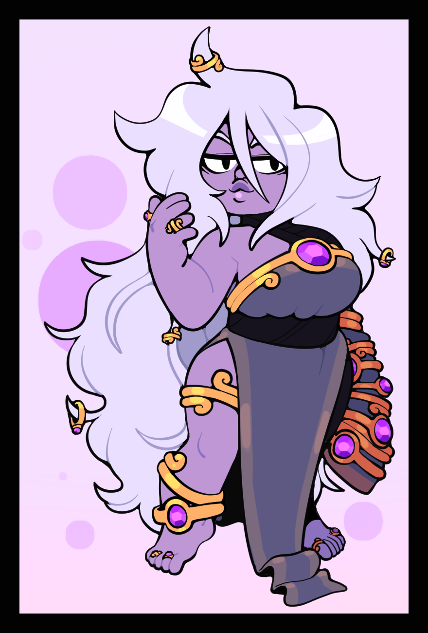 discount-supervillain, amethyst (steven universe), steven universe, highres, 1girl, alternate costume, barefoot, breasts, colored skin, dress, feet, gem, jewelry, lips, long hair, ring, shortstack, smile, standing, thick lips, toe ring, toes, very long hair
