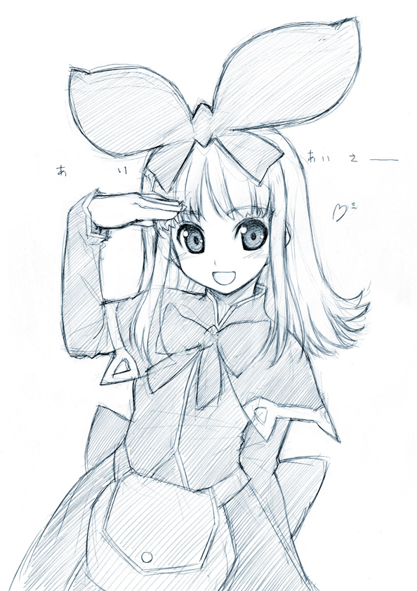 akata itsuki, coopa, druaga no tou, 1girl, blue theme, female focus, gothic lolita, hair ribbon, lolita fashion, monochrome, ribbon, salute, simple background, sketch, solo