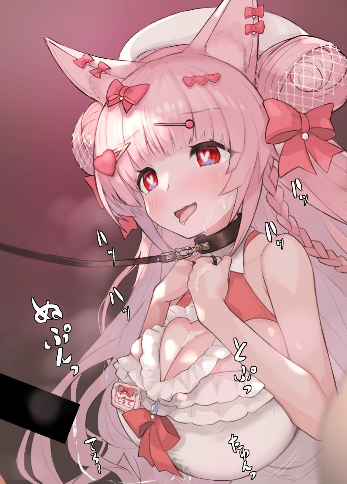 mikasayaki, manpuku torte, indie virtual youtuber, highres, 1boy, 1girl, after paizuri, animal ears, bare shoulders, breasts, cat ears, cleavage, cleavage cutout, clothed female nude male, clothing cutout, collar, cum, cum on body, cum on breasts, cum on upper body, dress, hair ornament, hair ribbon, heart, heart-shaped pupils, heart cutout, heart hair ornament, hetero, large breasts, leash, leash pull, long hair, nude, pale skin, pink hair, red eyes, ribbon, shortstack, steaming body, sweat, symbol-shaped pupils, virtual youtuber, white dress