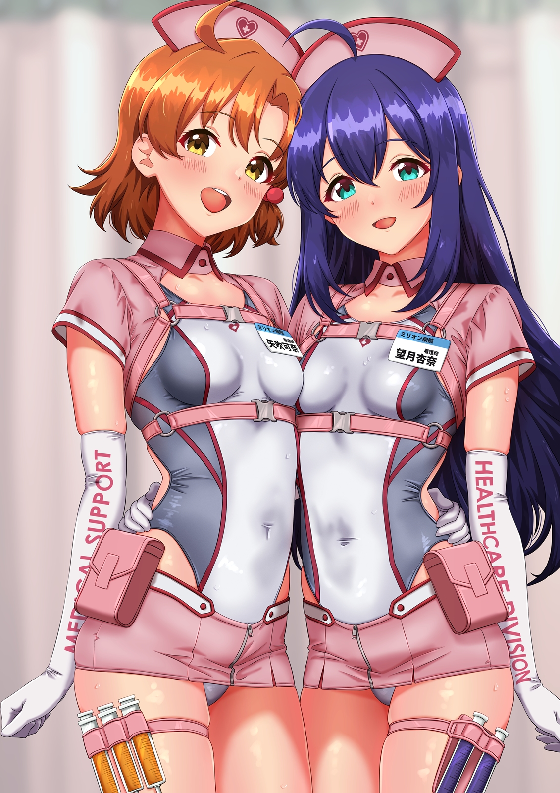 ak-sig-00, mochizuki anna, yabuki kana, idolmaster, idolmaster million live!, highres, 2girls, ahoge, aqua eyes, blush, breasts, clothes writing, covered navel, cowboy shot, elbow gloves, gloves, hat, long hair, looking at viewer, multiple girls, name tag, nurse, nurse cap, one-piece swimsuit, open mouth, orange hair, purple eyes, short hair, short sleeves, side-by-side, smile, standing, swimsuit, syringe, teeth, upper teeth only, white gloves, yellow eyes