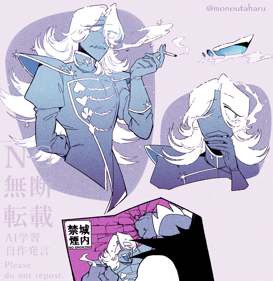 taharu (papiyas), king (deltarune), rouxls kaard, deltarune, utdr (toby fox), commentary request, 2boys, :d, arm behind back, armor, black cape, blue eyes, blue jacket, blue skin, blue tongue, brick wall, cape, cigarette, club (shape), colored skin, colored tongue, cropped torso, diamond (shape), eyes visible through hair, film grain, flipped hair, grey background, hair over one eye, heart, holding, holding cigarette, jacket, juliet sleeves, long hair, long sleeves, looking at another, looking at viewer, looking to the side, male focus, multiple boys, one eye closed, open mouth, puffy sleeves, punching, shaded face, shoulder armor, simple background, smile, smoke, smoking, spade (shape), star (symbol), sweat, teeth, turtleneck, turtleneck jacket, twitter username, upper teeth only, very long hair, watermark, white hair