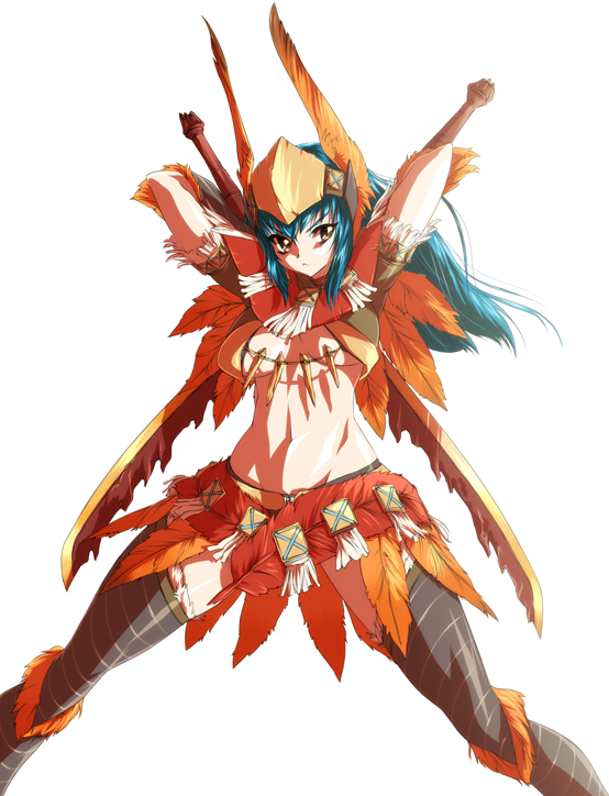 nekomamire, capcom, monster hunter (series), 1girl, blue hair, breasts, brown eyes, feathers, female focus, helmet, hypnocatrice (armor), navel, simple background, solo, spread legs, standing, sword, weapon, white background