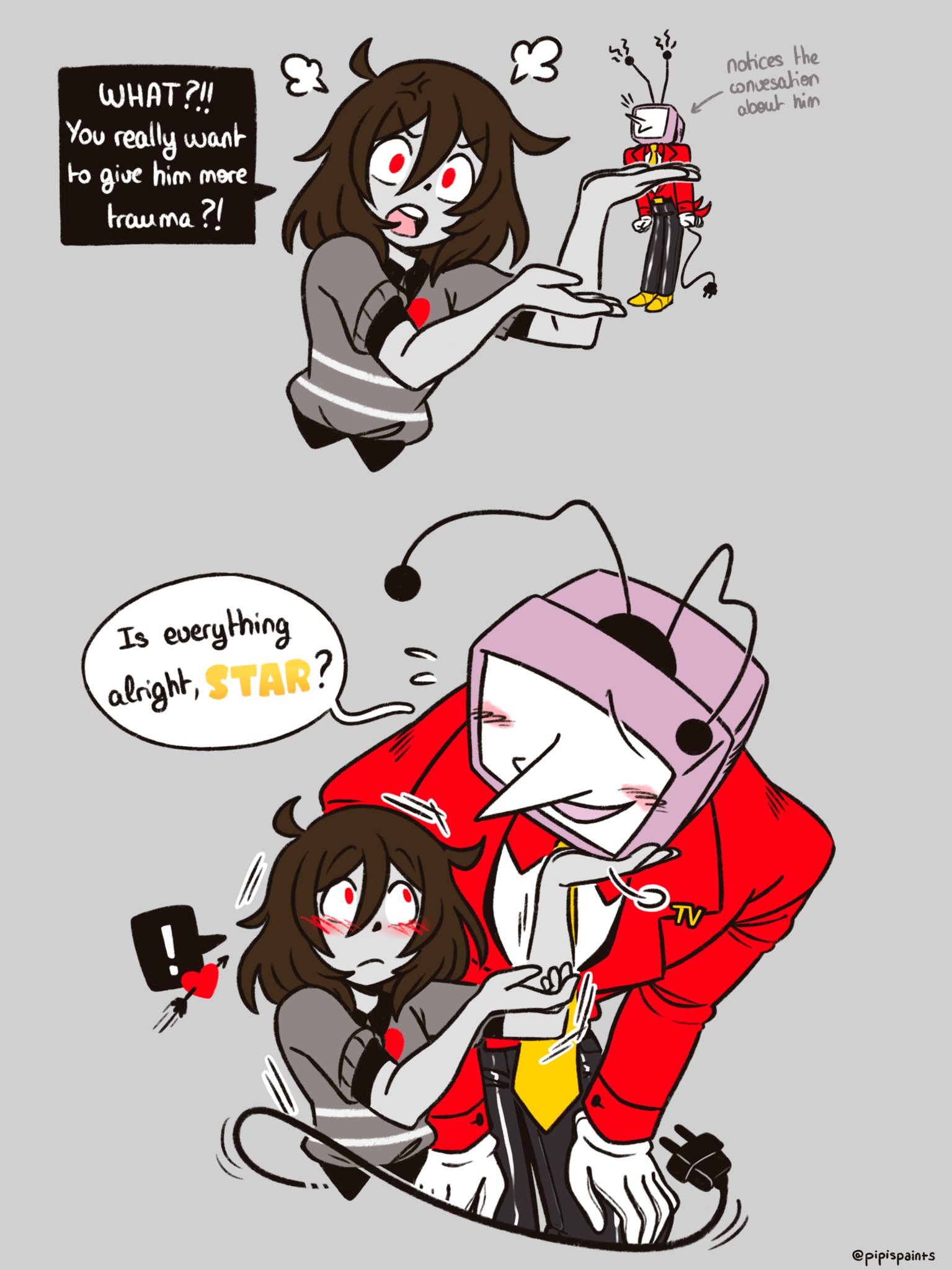 ant tenna, vessel (deltarune), deltarune, utdr (toby fox), commentary, english commentary, highres, !, 1boy, 1girl, black pants, blush, brown hair, collared shirt, colored skin, crt, electric plug, electric plug tail, english text, flying sweatdrops, frown, genderswap, genderswap (otf), grey background, grey skin, hand on another's head, heart, height difference, long nose, medium hair, object head, open mouth, pants, pipispaints, pointy nose, radio antenna, red eyes, shirt, shoes, simple background, smile, speech bubble, spoken exclamation mark, tail, tailcoat, teeth, white shirt, yellow shoes