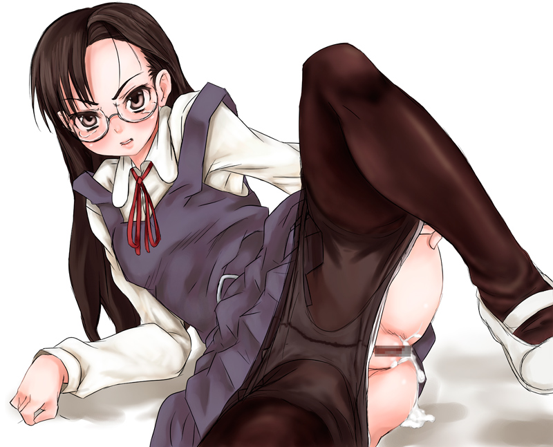 scharfschutze, shirakawa sumire, hitoriga, 00s, 1girl, aftersex, angry, blush, brown eyes, brown hair, censored, clothes pull, cum, cum in pussy, cumdrip, female focus, glasses, long hair, looking at viewer, lying, panties, pantyhose, pantyhose pull, pussy, solo, spread legs, tears, underwear, unwanted creampie