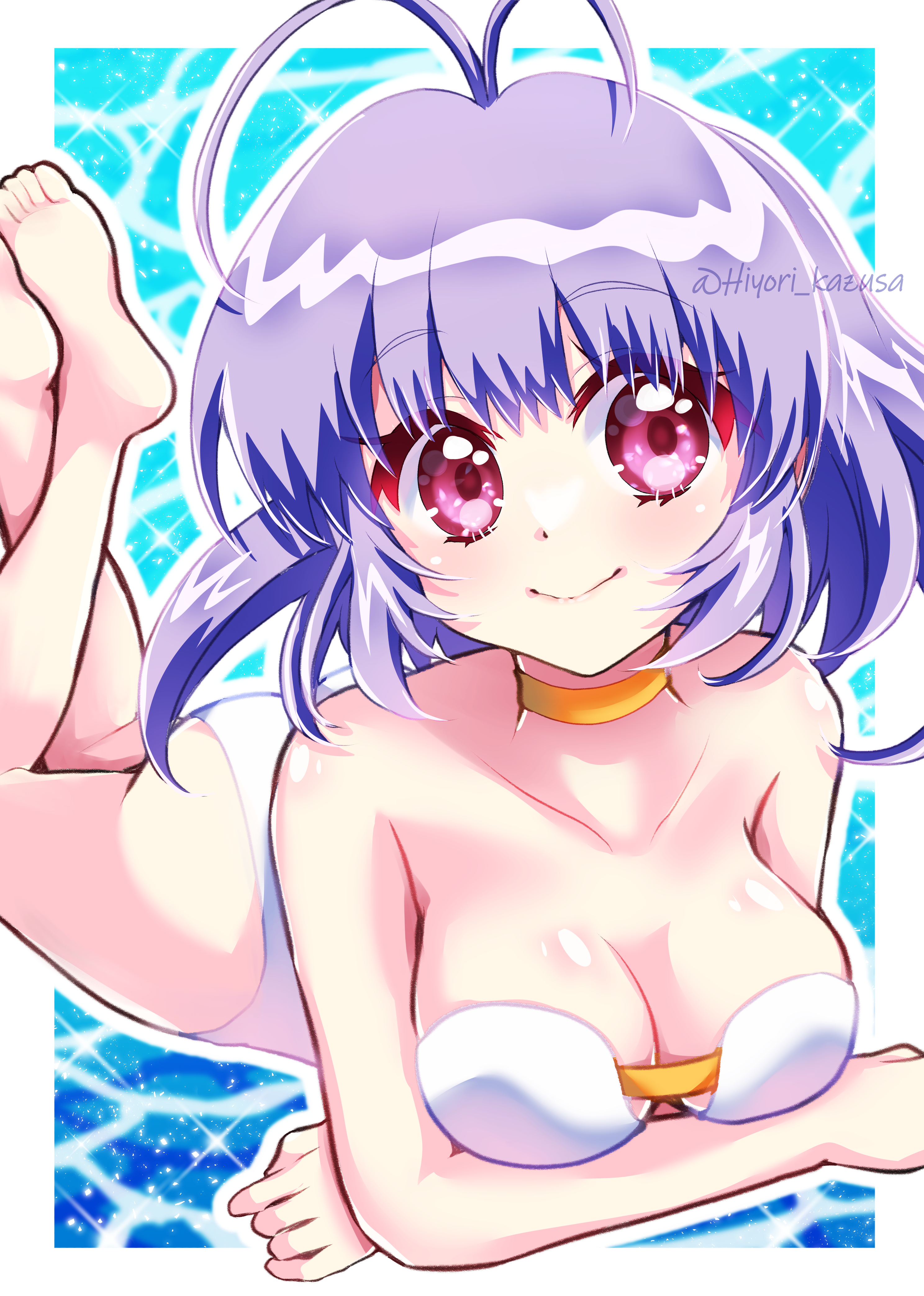 kazusa hiyori, sakurajosui suzume, akihabara dennou gumi, absurdres, highres, 1girl, antenna hair, bikini, breasts, choker, lying, purple eyes, purple hair, short hair, solo, swimsuit, white bikini