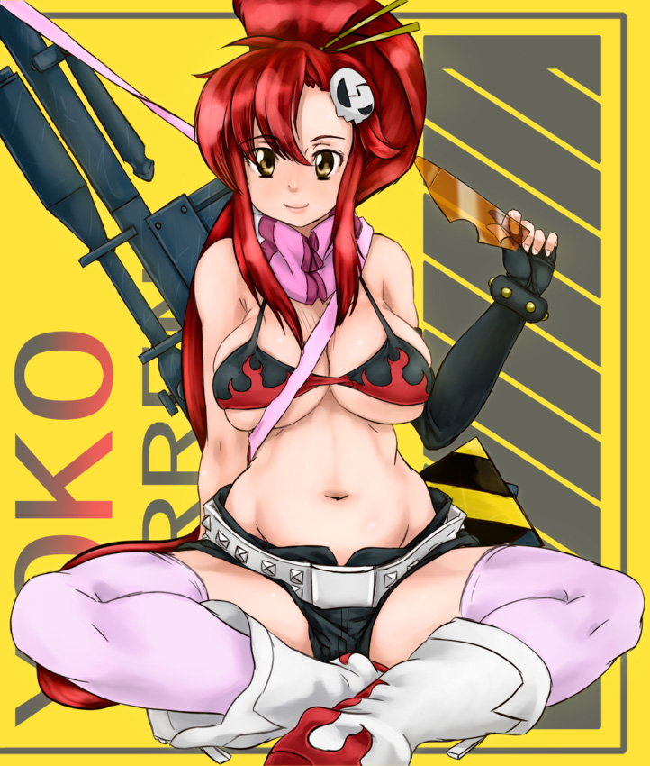 scharfschutze, yoko littner, tengen toppa gurren lagann, bad id, bad pixiv id, 00s, bikini, bikini top only, boots, breasts, glasses, gun, holding, holding removed eyewear, huge breasts, long hair, red hair, rifle, scarf, short shorts, shorts, sitting, solo, swimsuit, thighhighs, underboob, unworn eyewear, weapon