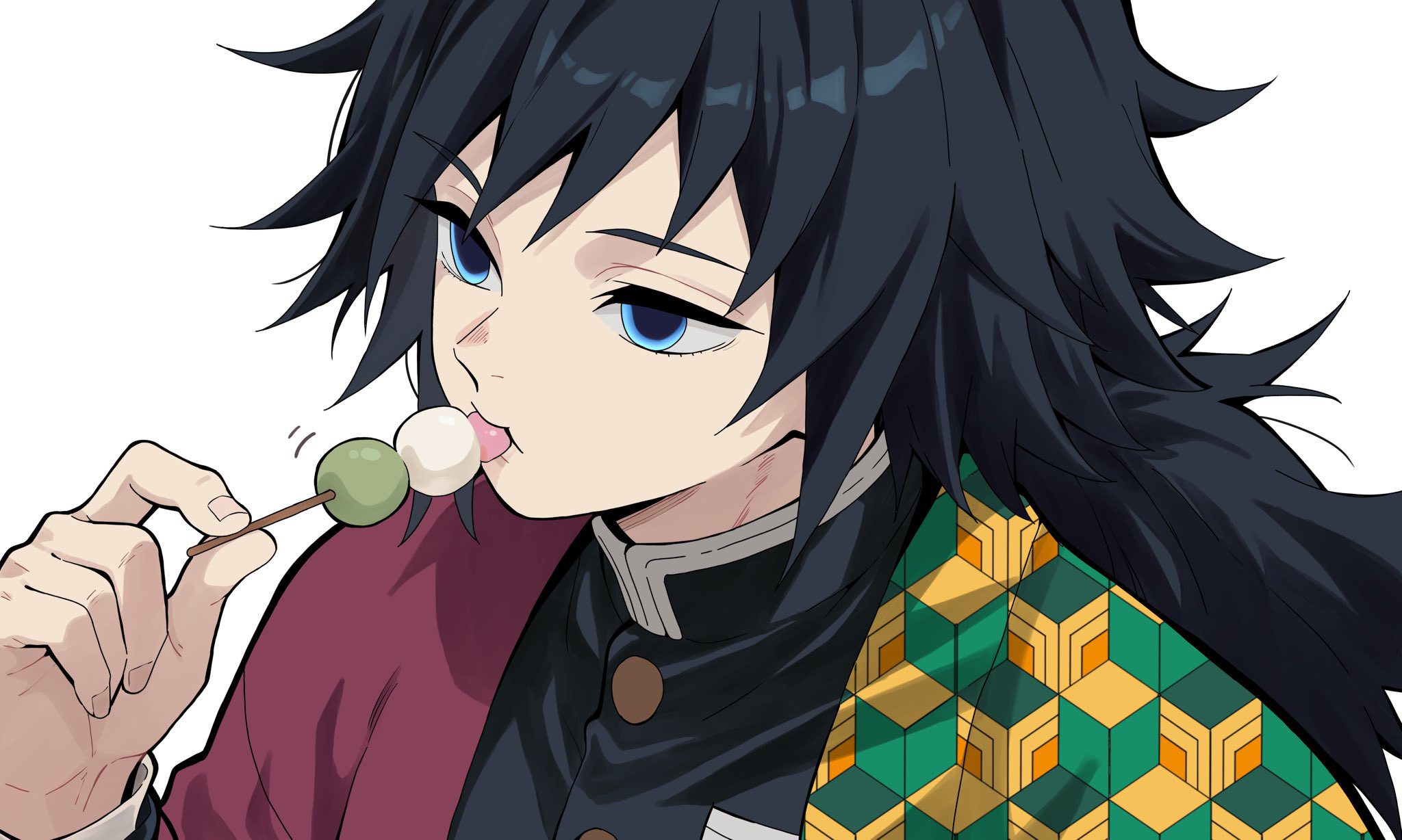 n 54, tomioka giyuu, kimetsu no yaiba, highres, 1boy, black hair, black jacket, blue eyes, buttons, demon slayer uniform, eating, gold buttons, hand up, haori, jacket, japanese clothes, kikkoumon, low ponytail, male focus, ponytail, print haori, red haori, simple background, solo, spiked hair, upper body, white background