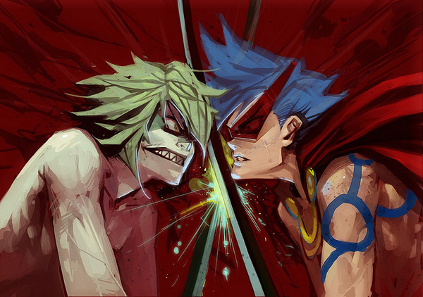 adiyos, kamina, viral, tengen toppa gurren lagann, resized, 2boys, angry, battle, blonde hair, blue hair, bodypaint, cape, glasses, kamina shades, multiple boys, pixiv thumbnail, sharp teeth, sword, teeth, topless male, triangle shades, weapon