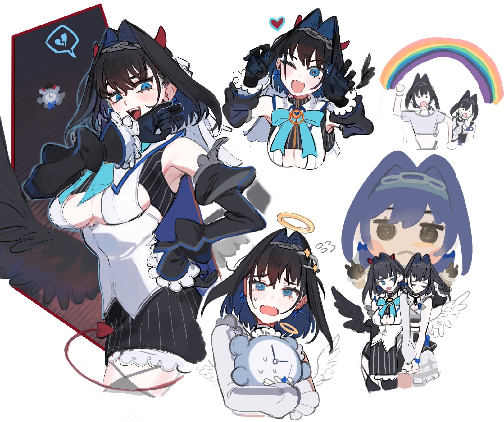 eus ing, kronie (ouro kronii), ouro kronii, ouro kronii (1st costume), hololive, hololive english, highres, 1girl, black gloves, black hair, black sleeves, blue bow, blue eyes, bow, bow earrings, breasts, chain, chain headband, clothing cutout, demon horns, demon tail, detached sleeves, earrings, feathered wings, gloves, hair intakes, halo, horns, jewelry, large breasts, one eye closed, rainbow, red horns, shirt, tail, traditional halo, underboob, underboob cutout, virtual youtuber, white shirt, wings, yellow halo