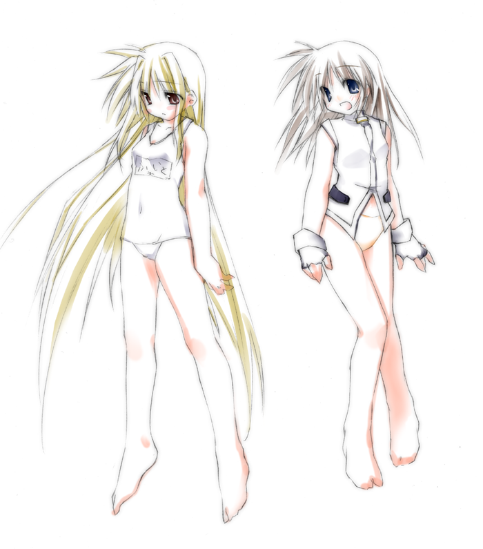 mizuno minato, fate testarossa, takamachi nanoha, lyrical nanoha, mahou shoujo lyrical nanoha, silver hair, 00s, blonde hair, blue eyes, fingerless gloves, gloves, one-piece swimsuit, school swimsuit, swimsuit