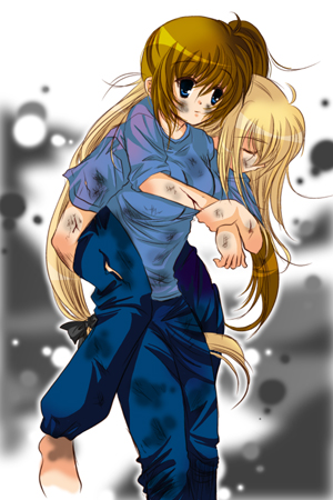 hina sasaki, fate testarossa, takamachi nanoha, lyrical nanoha, mahou shoujo lyrical nanoha, mahou shoujo lyrical nanoha strikers, lowres, 00s, 2girls, blonde hair, brown hair, carrying, dirty, long hair, low-tied long hair, multiple girls, piggyback
