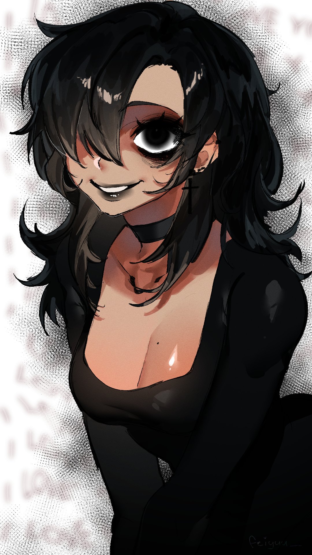 feiyuu, feisona (feiyuu), original, highres, 1girl, artist self-insert, black choker, black dress, black eyes, black eyeshadow, black hair, black lips, breasts, choker, cleavage, collarbone, dress, eyeshadow, hair over one eye, makeup, medium breasts, medium hair, mole, mole on breast, no pupils, simple background, smile, solo, square neckline, teeth, upper body, wide-eyed