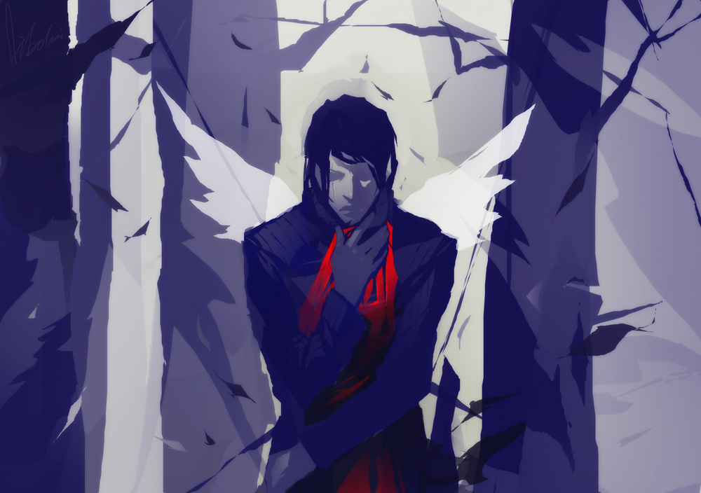 adiyos, bad id, bad pixiv id, 1boy, angel, forest, leaf, male focus, monochrome, nature, outdoors, plant, solo, spot color, tree, wings