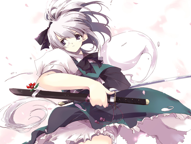 abimaru, konpaku youmu, konpaku youmu (ghost), touhou, silver hair, 1girl, female focus, flower, hitodama, katana, purple eyes, sheath, sheathed, solo, sword, unsheathing, weapon