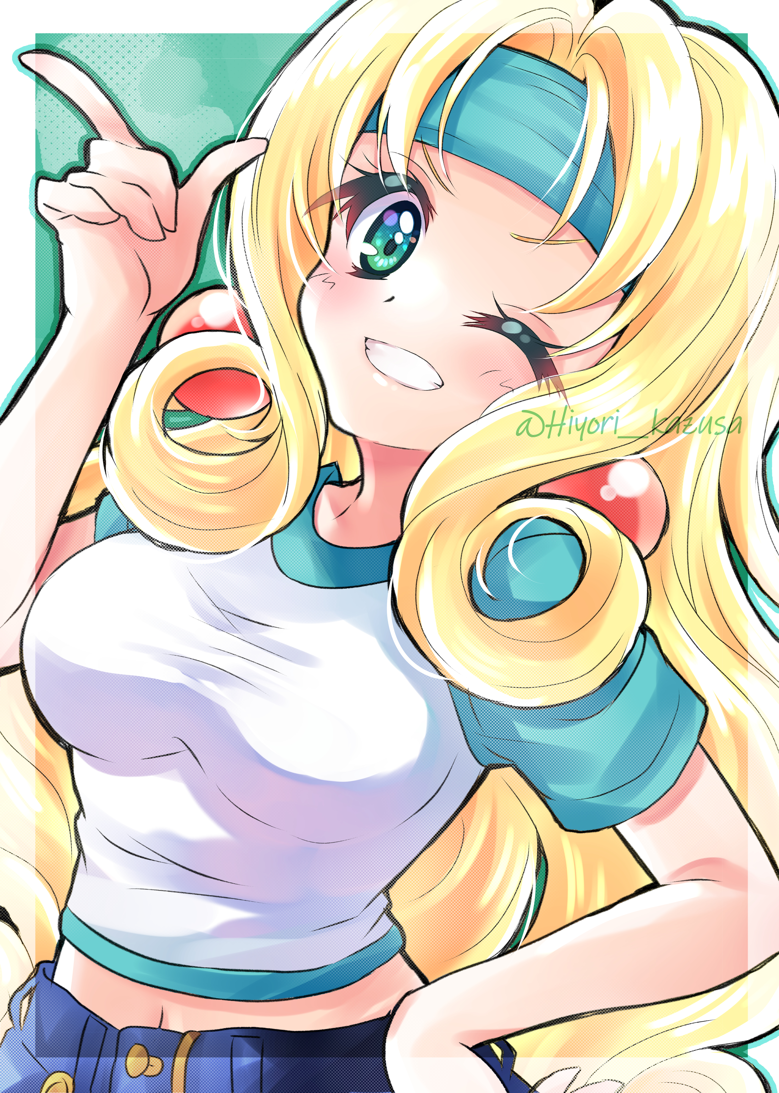 kazusa hiyori, sengakuji kamome, akihabara dennou gumi, absurdres, highres, 1girl, blonde hair, earrings, green eyes, green headband, headband, jewelry, long hair, looking at viewer, one eye closed, raglan sleeves, smile, solo, sphere earrings