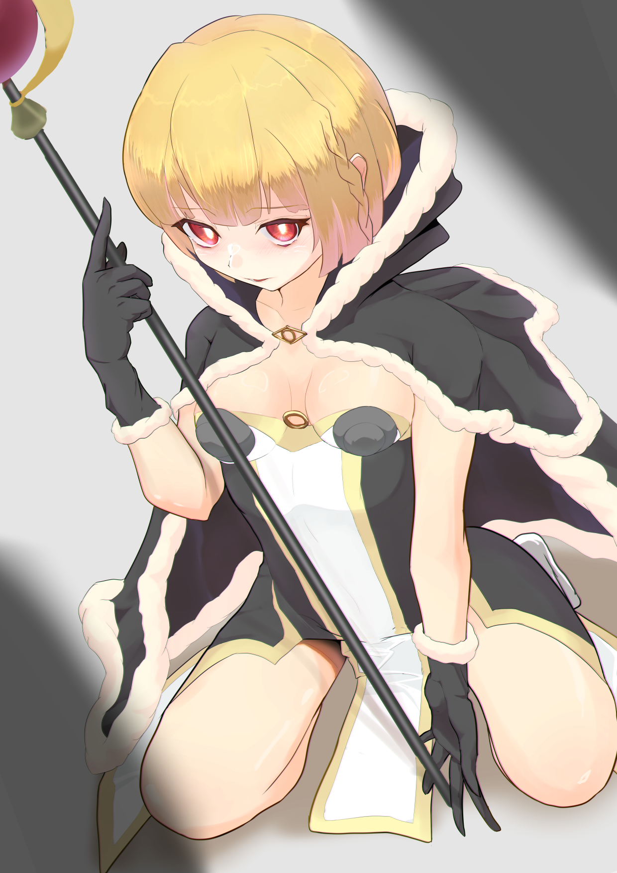 high wizard (ragnarok online), kathryne keyron, ragnarok online, commentary request, highres, 1girl, black cape, black dress, black gloves, blonde hair, blunt bangs, bob cut, breasts, cape, dress, full body, fur-trimmed cape, fur-trimmed gloves, fur trim, gloves, grey background, hinatitayu, holding, holding wand, looking at viewer, medium breasts, open mouth, red eyes, seiza, short dress, short hair, sitting, solo, strapless, strapless dress, two-tone dress, wand, white dress