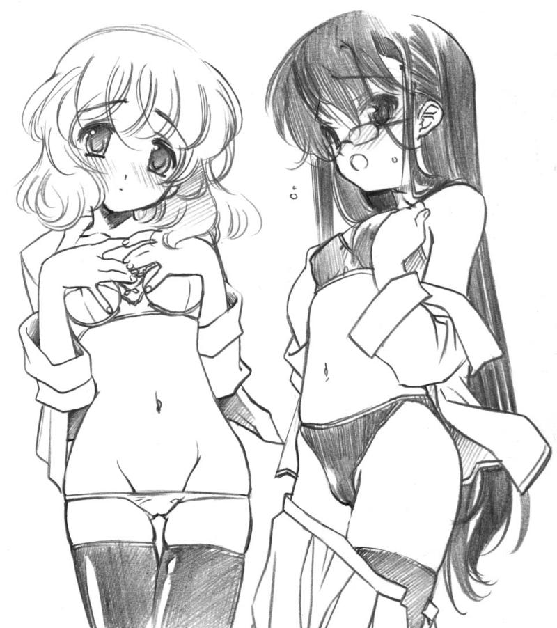 senomoto hisashi, nogami aoi, sannomiya shiho, zettai karen children, 00s, 2girls, bra, glasses, greyscale, lingerie, lowleg, lowleg panties, monochrome, multiple girls, panties, simple background, thighhighs, underwear, undressing