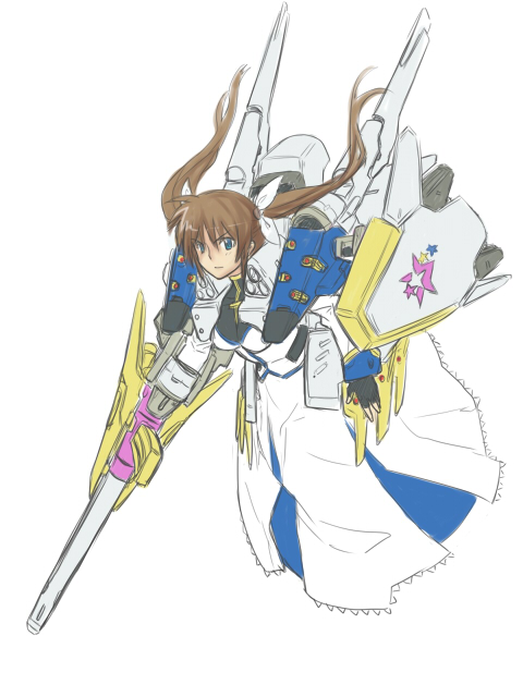shirogane (fox), raising heart, takamachi nanoha, lyrical nanoha, mahou shoujo lyrical nanoha strikers, original, 00s, 1girl, alternate weapon, blue eyes, brown hair, female focus, simple background, solo, twintails, weapon, white background