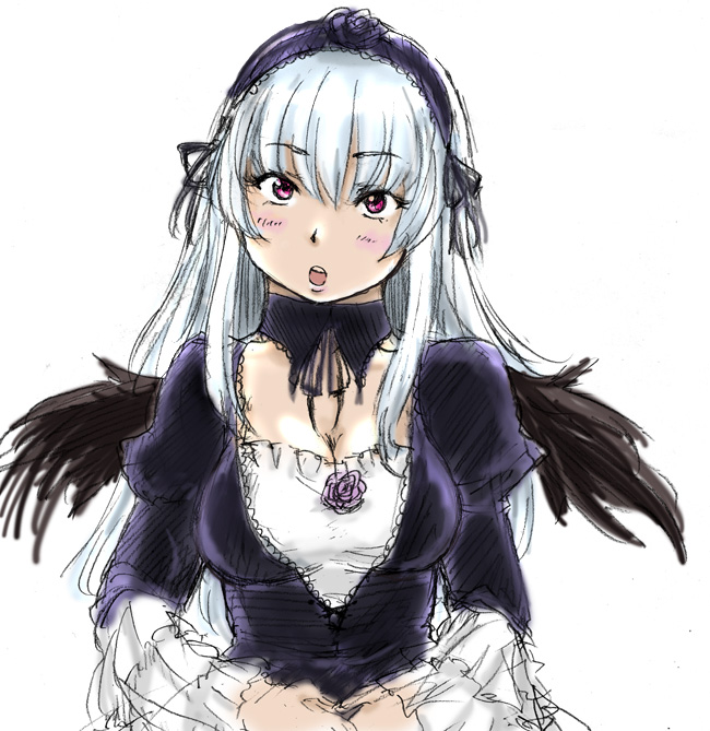 osakana (denpa yun'yun), suigintou, rozen maiden, bad id, bad pixiv id, 00s, black wings, purple eyes, solo, white hair, wings