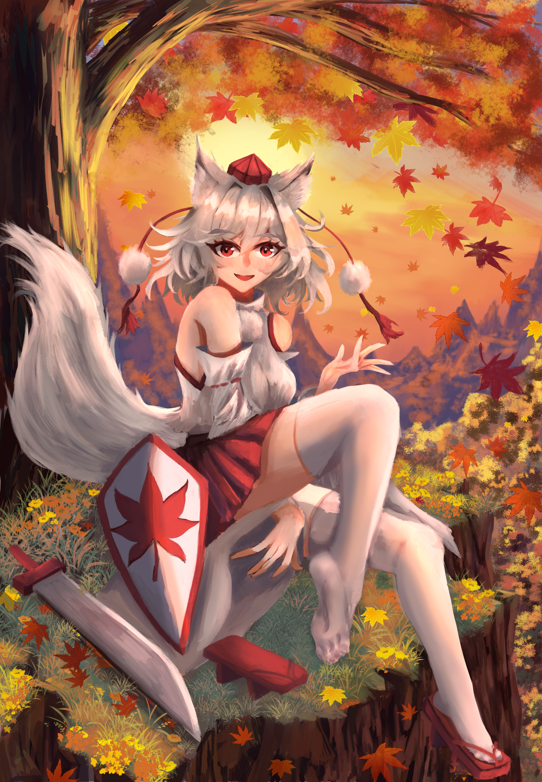 mr doza, inubashiri momiji, mountain of faith, touhou, absurdres, highres, 1girl, animal ears, breasts, detached sleeves, dusk, geta, hat, leaf, looking at viewer, maple leaf, outdoors, red eyes, red skirt, shield, skirt, sword, tail, tengu-geta, thighhighs, tokin hat, tree, weapon, white hair, white thighhighs, wide sleeves, wolf ears, wolf girl, wolf tail