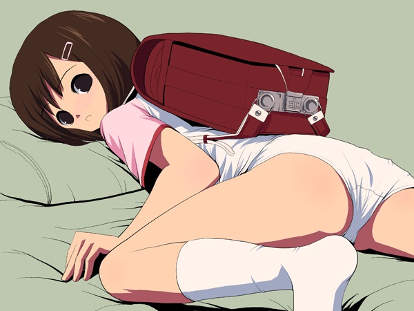 natori (natorism), original, backpack, bag, brown hair, hair ornament, hairclip, no pants, panties, randoseru, socks, solo, underwear