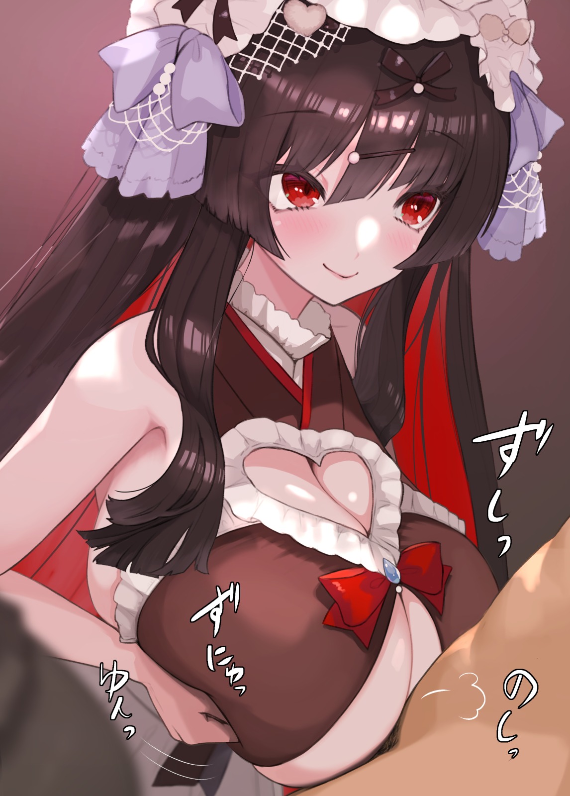 mikasayaki, jigokumachi rinse, indie virtual youtuber, highres, 1boy, 1girl, black hair, blush, breasts, cleavage, cleavage cutout, clothed female nude male, clothing cutout, colored inner hair, dot nose, eyelashes, hair ribbon, heart cutout, hetero, huge breasts, large breasts, long hair, motion lines, multicolored hair, nude, paizuri, paizuri under clothes, pale skin, perpendicular paizuri, red eyes, red hair, ribbon, shiny skin, shortstack, smile, underboob, virtual youtuber