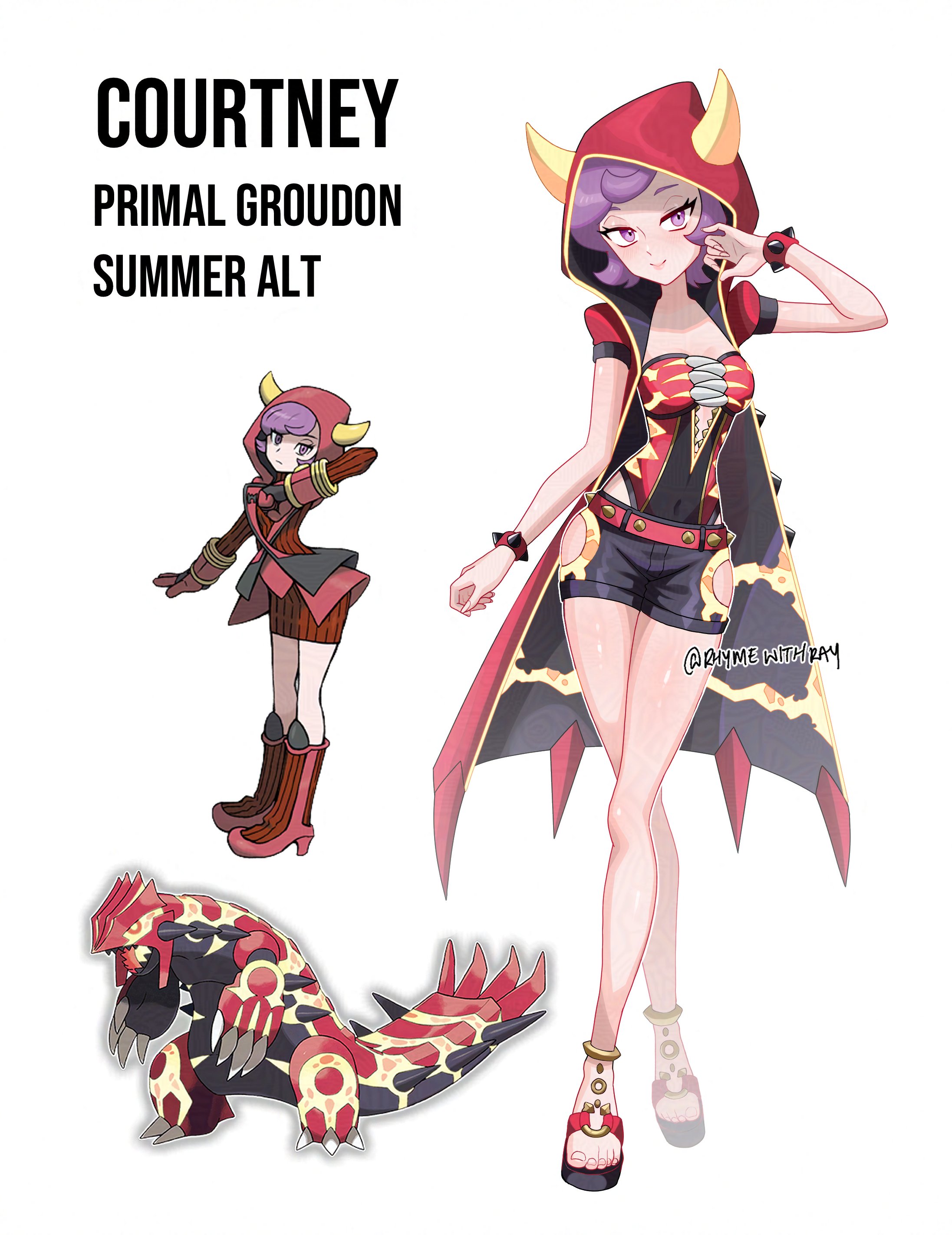 rhymewithray, courtney (pokemon), groudon, primal groudon, nintendo, pokemon, pokemon oras, absurdres, commentary, english commentary, highres, 1girl, black shorts, blush, boots, bracelet, breasts, claws, cloak, closed mouth, clothing cutout, colored sclera, covered navel, cowlick, dress, fake horns, gen 3 pokemon, gloves, glowing, hood, hood up, hooded robe, hooded vest, hoodie, horned headwear, horned hood, horns, jewelry, legendary pokemon, leotard, long sleeves, looking at viewer, medium breasts, open mouth, pokemon (creature), purple eyes, purple hair, red hood, ribbed sweater, robe, sandals, sharp teeth, short hair, shorts, smile, spiked bracelet, spikes, sweater, sweater dress, team magma, team magma uniform, teeth, vest