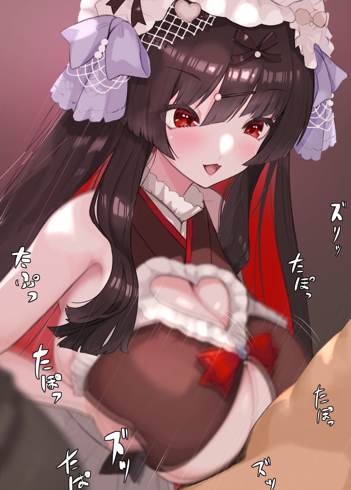 mikasayaki, jigokumachi rinse, indie virtual youtuber, highres, 1boy, 1girl, black hair, blush, breasts, cleavage, cleavage cutout, clothed female nude male, clothing cutout, colored inner hair, dot nose, eyelashes, hair ribbon, heart cutout, hetero, huge breasts, large breasts, long hair, motion lines, multicolored hair, nude, paizuri, paizuri under clothes, pale skin, perpendicular paizuri, red eyes, red hair, ribbon, shiny skin, shortstack, smile, underboob, virtual youtuber