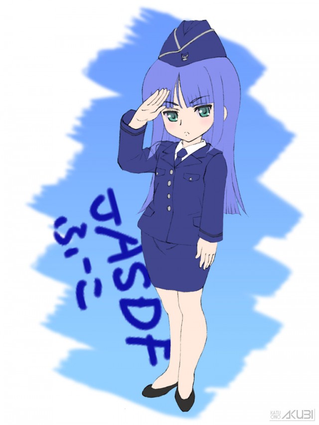 japan air self-defense force, japan self-defense force, 1girl, blue jacket, blue skirt, green eyes, jacket, pencil skirt, purple hair, shirt, skirt, white shirt