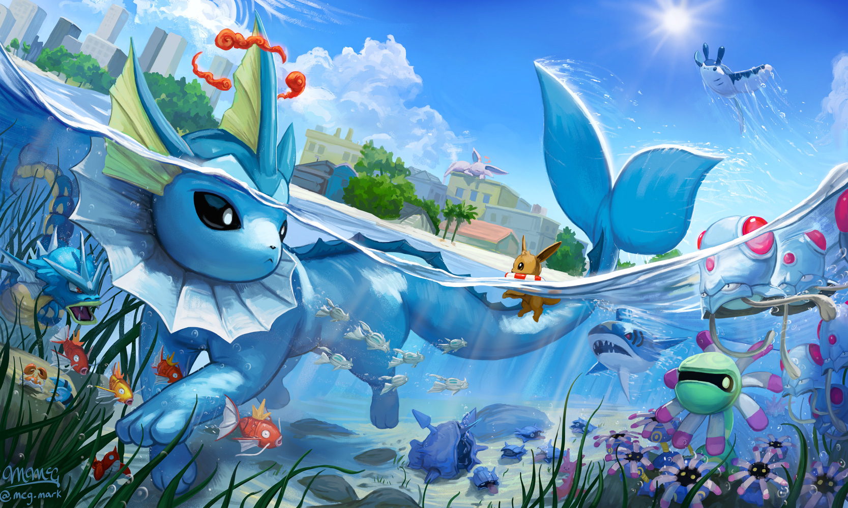 mcgmark, clauncher, cloyster, corsola, cradily, eevee, espeon, gyarados, krabby, lileep, magikarp, mantine, remoraid, sharpedo, shellder, tentacool, vaporeon, nintendo, pokemon, commentary, english commentary, highres, :<, air bubble, alternate color, animal, black sclera, blue sky, bubble, building, city, closed mouth, cloud, colored sclera, day, dynamax, fangs, fins, fish, gen 1 pokemon, gen 2 pokemon, gen 3 pokemon, gen 6 pokemon, head fins, no humans, open mouth, outdoors, oversized animal, pokemon (creature), pokemon focus, red clouds, red eyes, seaweed, sharp teeth, shiny and normal, shiny pokemon, sky, sun, swim ring, swimming, teeth, tree, underwater, water