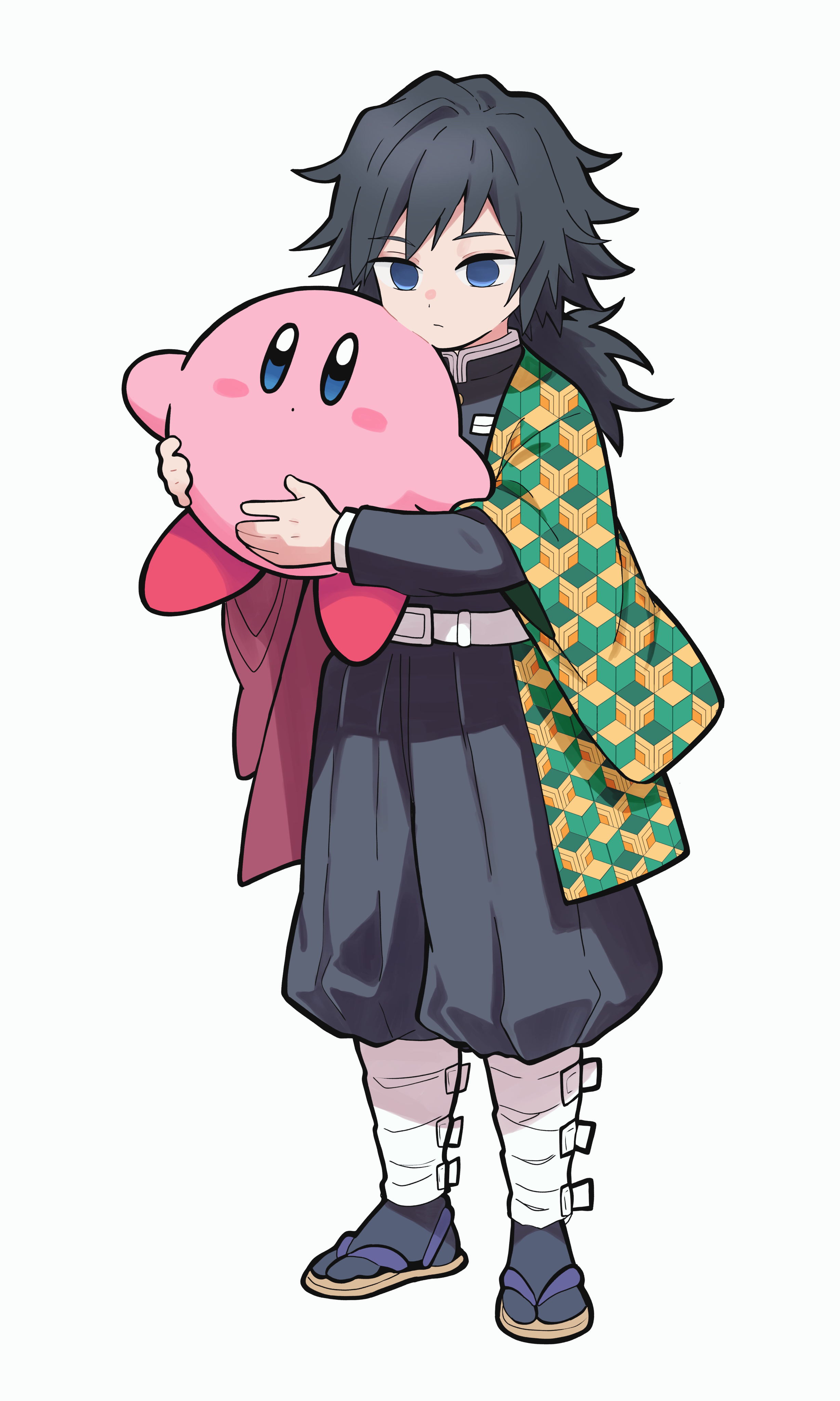 n 54, kirby, tomioka giyuu, kimetsu no yaiba, absurdres, highres, 1boy, belt, black hair, black jacket, black pants, black socks, blue eyes, buttons, closed mouth, creature, crossover, demon slayer uniform, full body, gold buttons, haori, holding, holding creature, jacket, japanese clothes, kikkoumon, low ponytail, male focus, pants, ponytail, print haori, red haori, red shoes, sandals, shoes, simple background, socks, solo, spiked hair, white background, white belt