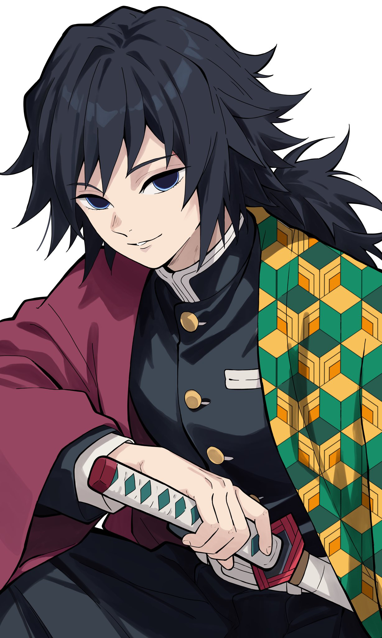 n 54, tomioka giyuu, kimetsu no yaiba, highres, 1boy, belt, black hair, black jacket, black pants, blue eyes, buttons, demon slayer uniform, empty eyes, gold buttons, haori, high collar, holding, holding sword, holding weapon, jacket, japanese clothes, katana, kikkoumon, looking at viewer, low ponytail, male focus, pants, ponytail, print haori, red haori, simple background, smirk, solo, spiked hair, sword, teeth, weapon, white background, white belt