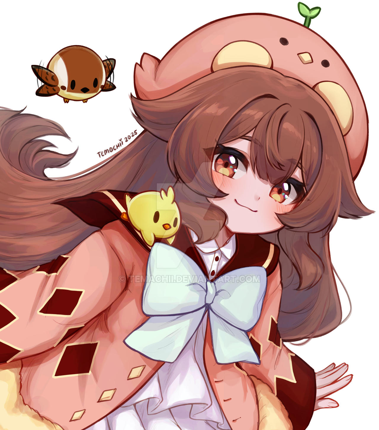 temachii, temachii (character), original, commentary, english commentary, highres, 1girl, artist name, bird, blush, bow, brown eyes, brown hair, closed mouth, dated, deviantart logo, deviantart username, eyelashes, hat, jacket, long hair, long sleeves, pink hat, pink jacket, simple background, smile, solo, watermark, web address, white background, white bow