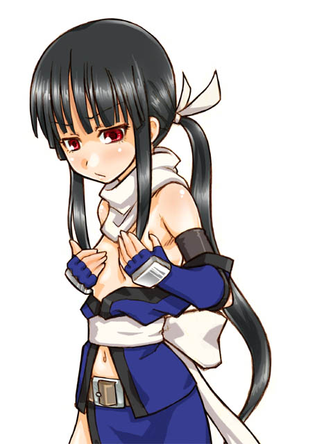 sato iori, shino (gouma reifuden izuna), gouma reifuden izuna, 1girl, black hair, breasts, covering breasts, covering privates, female focus, fingerless gloves, flat chest, gloves, grabbing another's breast, groping, long hair, navel, ninja, open clothes, open shirt, ponytail, red eyes, scarf, shirt, solo