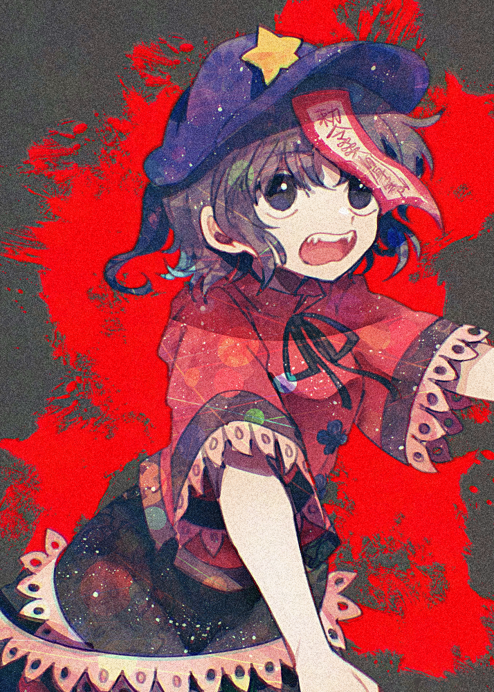 itomugi-kun, miyako yoshika, touhou, commentary request, 1girl, black eyes, black ribbon, black skirt, chinese clothes, cowboy shot, grey background, grey hair, hat, hat ornament, jiangshi, lace-trimmed sleeves, lace trim, looking afar, neck ribbon, newsboy cap, ofuda, open mouth, outstretched arms, purple hat, red shirt, ribbon, shirt, short hair, short sleeves, skirt, solo, star (symbol), star hat ornament, tangzhuang, zombie pose
