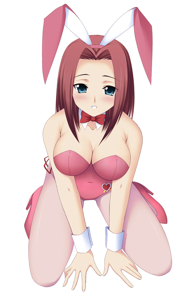 shiou tsuyukusa, kouzuki kallen, code geass, 00s, animal ears, blue eyes, blush, bow, bowtie, breasts, cleavage, fake animal ears, large breasts, leotard, pantyhose, pink pantyhose, playboy bunny, rabbit ears, red hair, solo, wrist cuffs