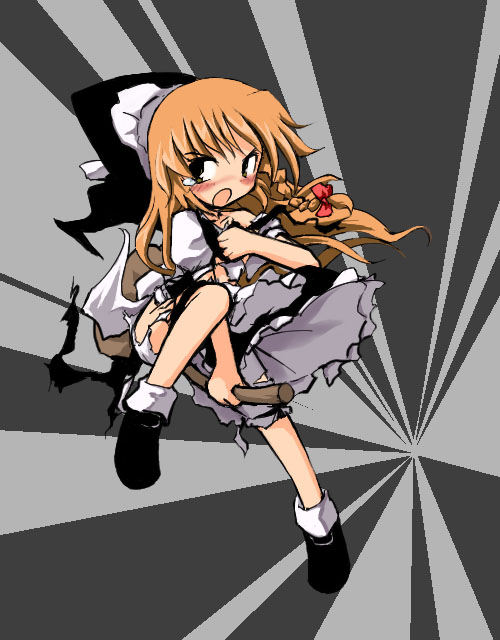 neki-t, kirisame marisa, touhou, 1girl, :o, apron, black dress, blonde hair, braid, broom, broom riding, brown hair, dress, embellished costume, female focus, full body, hat, open mouth, puffy short sleeves, puffy sleeves, short sleeves, simple background, single braid, solo, two-tone background, waist apron, witch hat