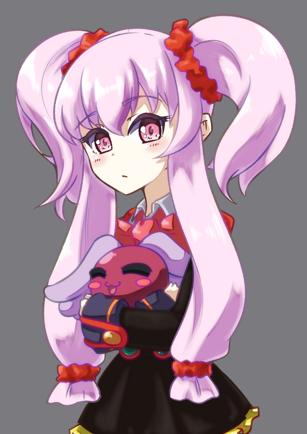 wani3s, ootorii tsubame, petit ange, akihabara dennou gumi, highres, 1girl, bow, creature, earrings, holding, holding creature, jewelry, long hair, low-tied sidelocks, patapi (creature), purple eyes, school uniform, sidelocks, sphere earrings, twintails, white hair, wings